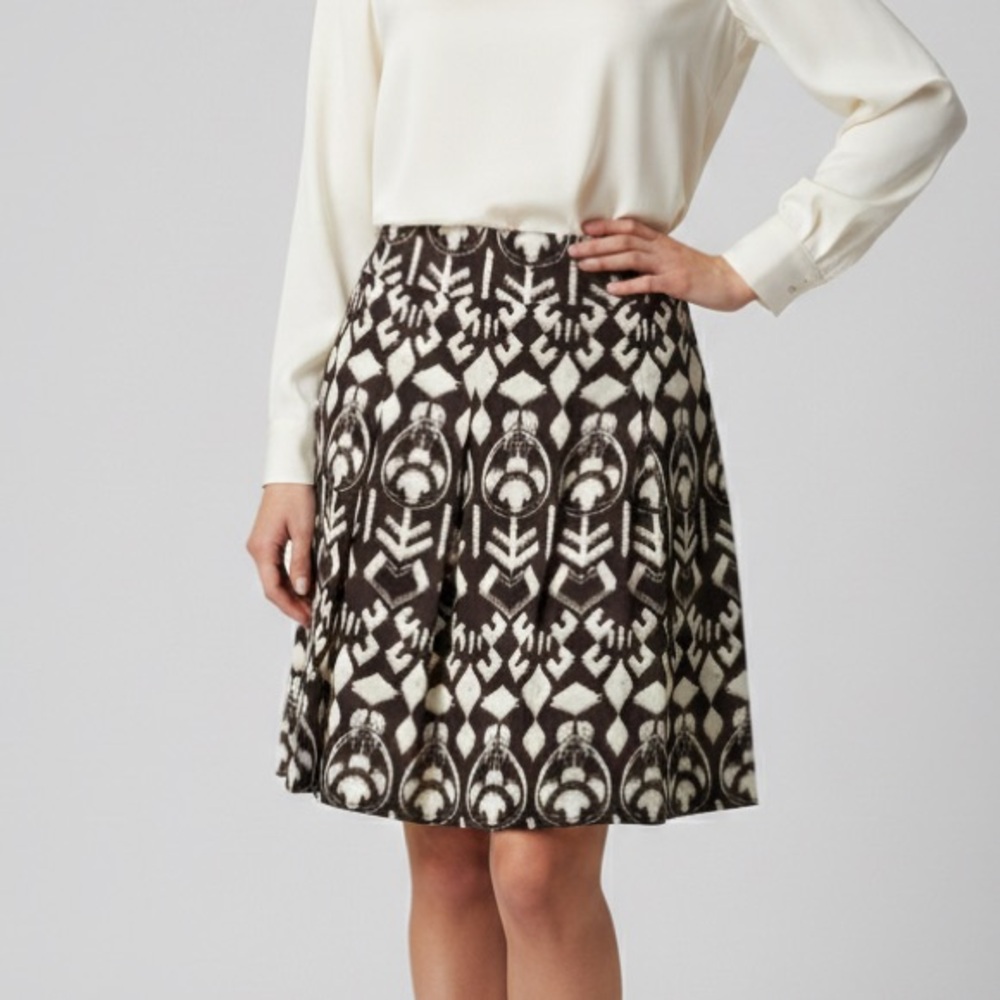 ETCETERA Pleated Ikat Wool Skirt Geometric Ivory Brown Office Academia Women’s 2